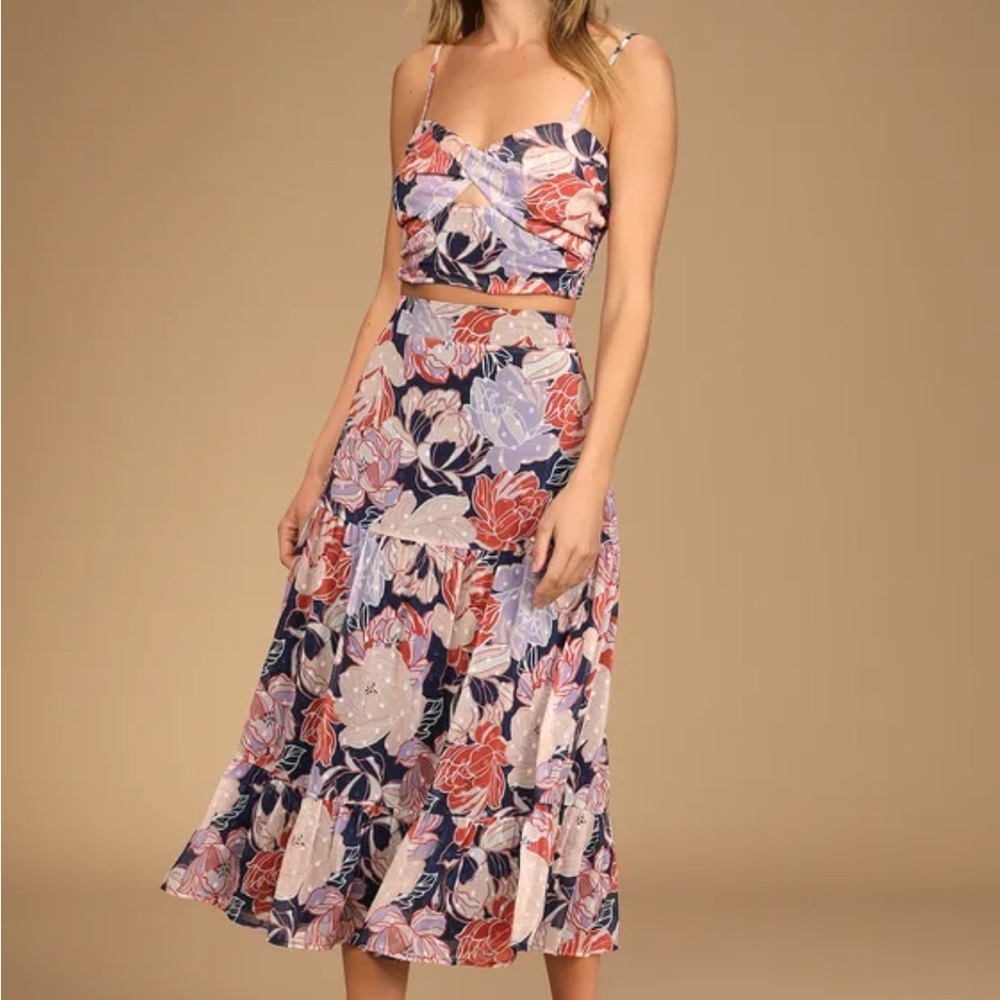 Lulus - Floating Through Flowers Multi Floral Two-Piece Midi Dress - M